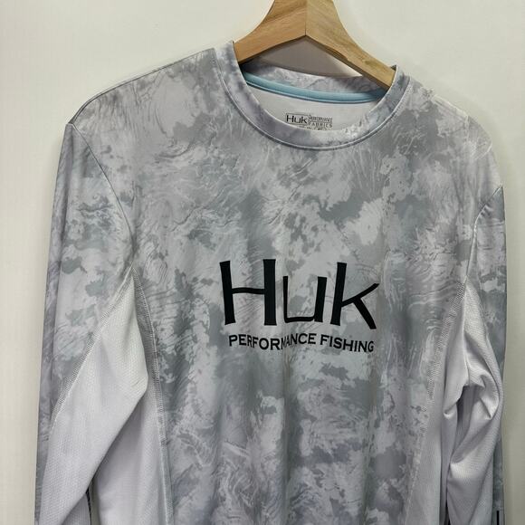 Huk Performace Fabrics Gray and White Camo Long Sleeve Fishing Shirt Mens Small - Picture 6 of 12